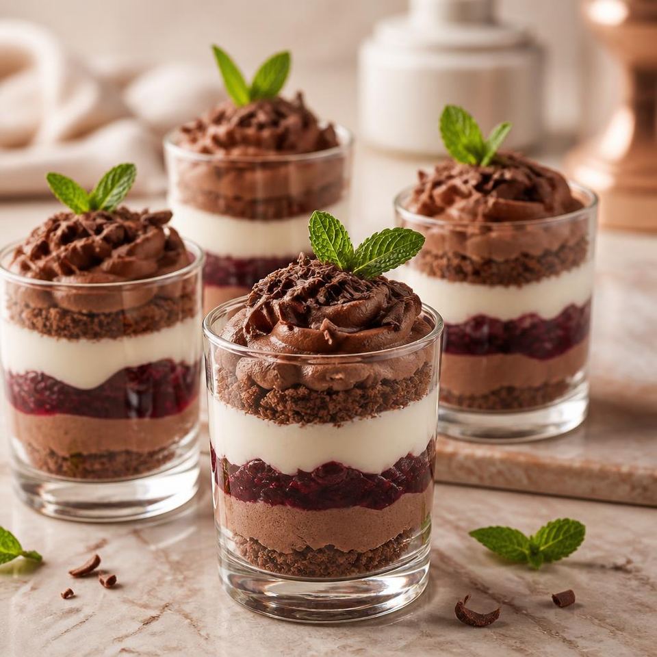 Individual layered dessert cups in glass shot glasses with mousse, cream and berry compote from a Gurgaon bakery