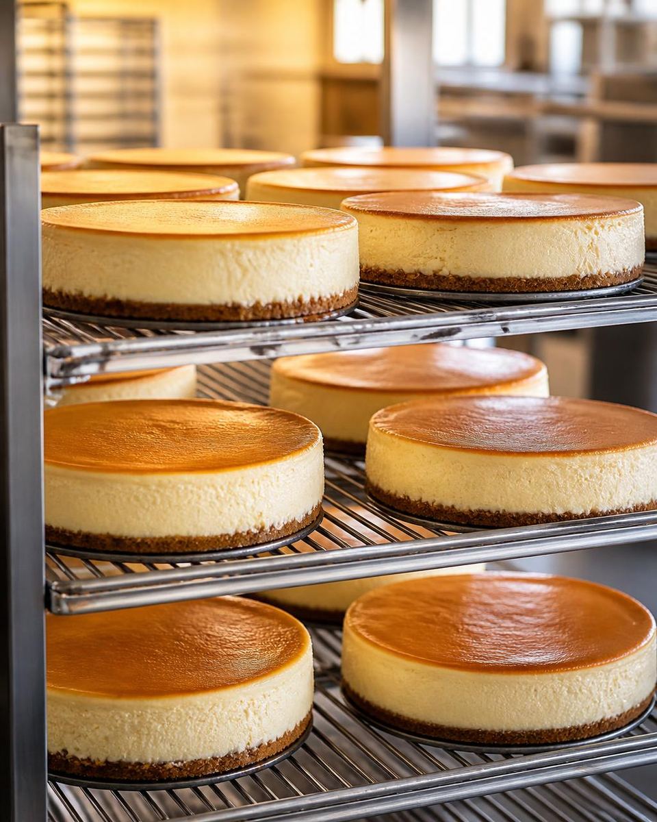 Multiple whole baked cheesecakes cooling together on a bakery rack for a bulk cheesecake order in Gurgaon