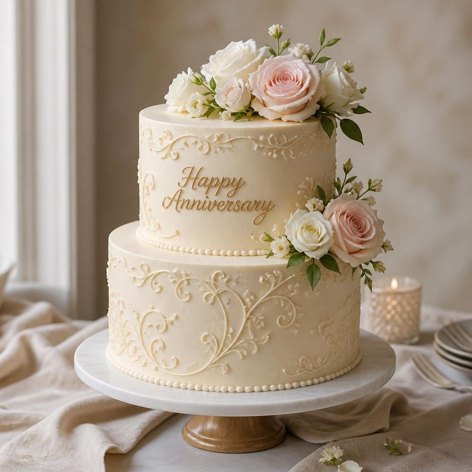 Two tier custom anniversary cake with hand-piped scrollwork and fresh roses from a Gurgaon bakery