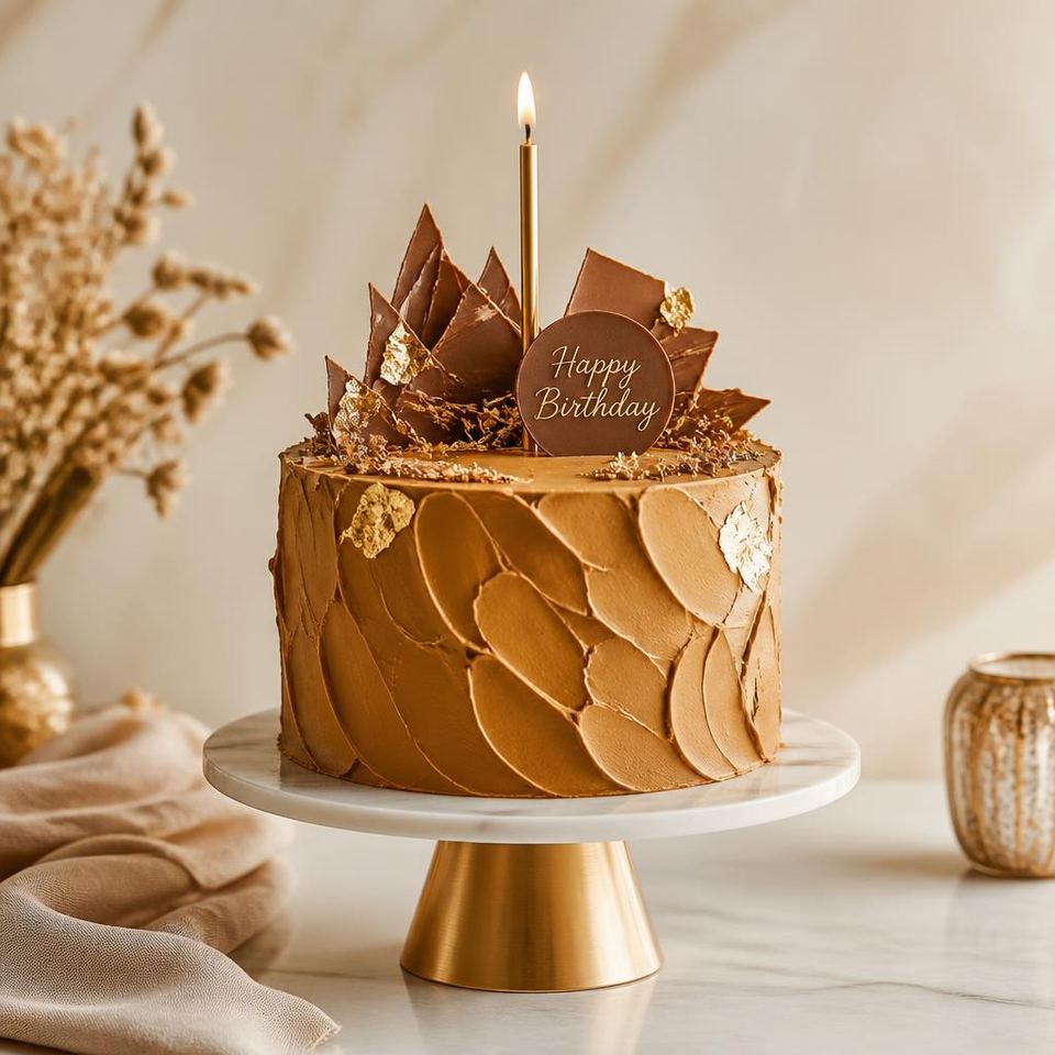Custom birthday cake with sculpted caramel buttercream, chocolate shards and gold leaf from a Gurgaon bakery