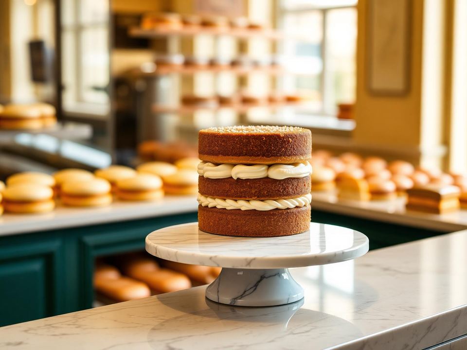 Artisan layer cake on a marble stand inside the Fluffy Giraffe bakery in Gurgaon
